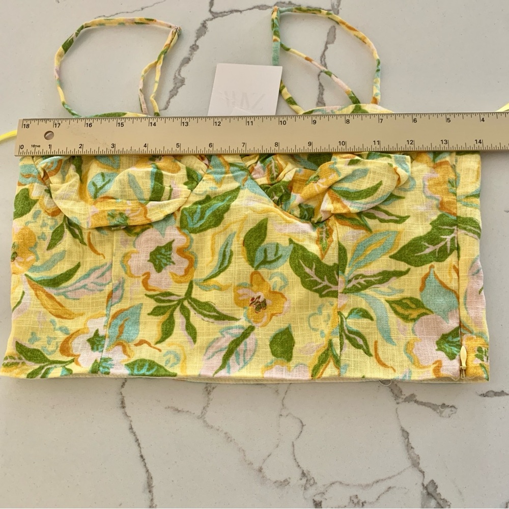 🌼 ZARA Printed Linen Crop Top Bustier Neckline Skirt Set Yellow Floral Print XS - Picture 11 of 16